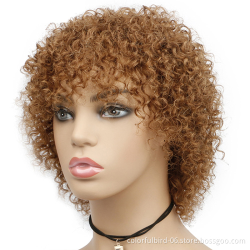 Cheap 1b/30 Ombre Human Hair for Women Peruvian Curly Wig with Bangs Afro Kinky Curly Wigs Jerry Curly Brown Short Wig